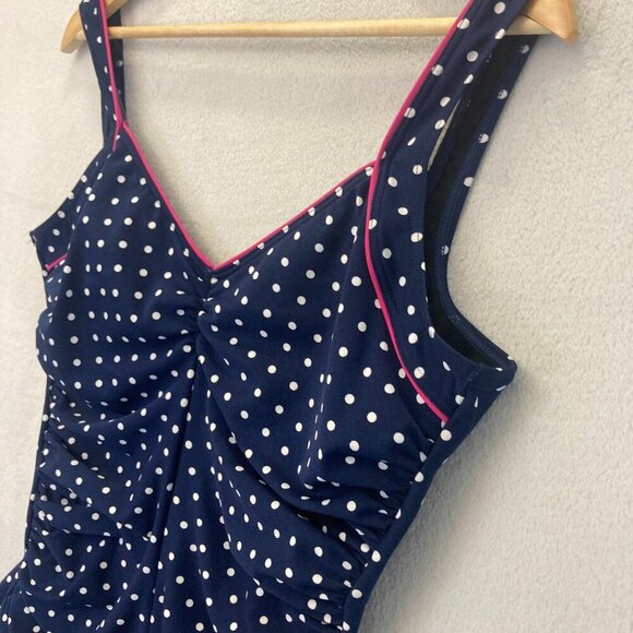 Gabar Polka Dot One Piece Swimsuit Women's 16 Navy Blue Ruched Slimming Classic - Picture 12 of 16